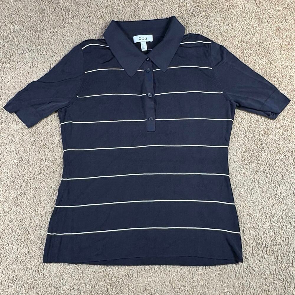 COS Women’s Knitted‎ Polo Shirt Black Stripe Short Sleeve Size Large Pre owned